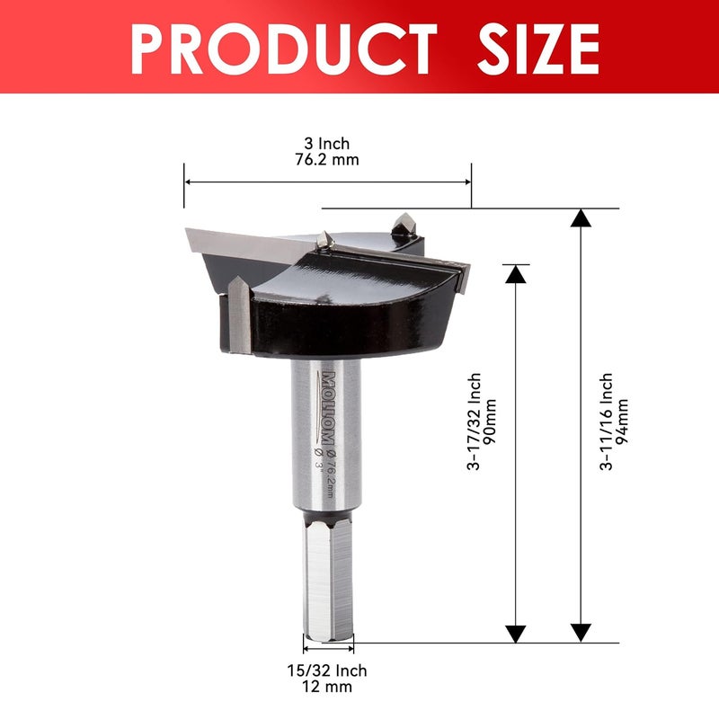 Mollom 3" (76.2mm) Forstner Drill Bit for Precise Woodworking with Durable YG8 Carbide Thickness of 2.0mm,This Hinge Cutter Tool is Ideal for Hard Wood, Plastic, Plywood - Image 2